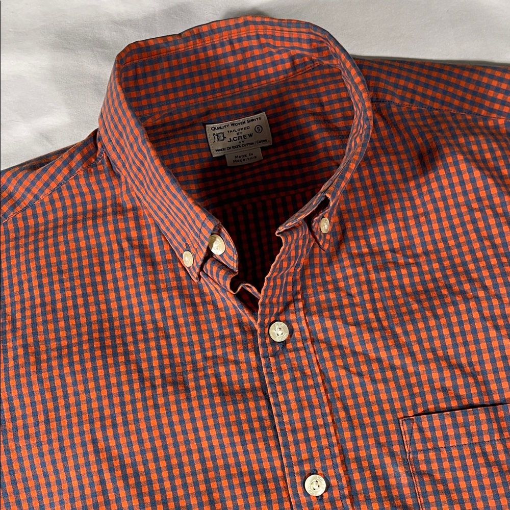 J. Crew mens orange navy gingham check long sleeve button down shirt - size S